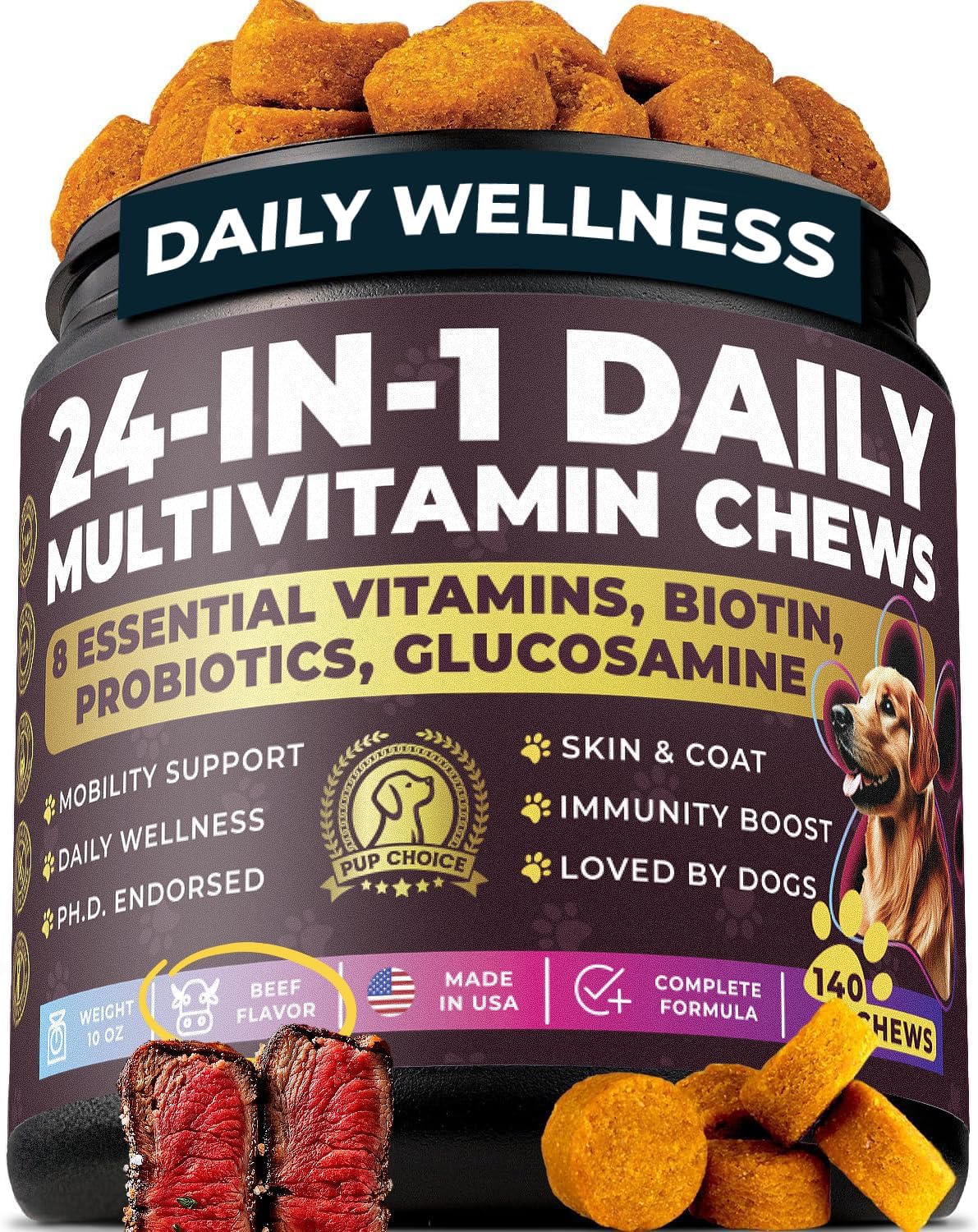24 - in - 1 Daily Multivitamin Chews with 8 Essential Vitamins, Biotin, Probiotics & Glucosamine - Pup Choice - healthy choices for your pup