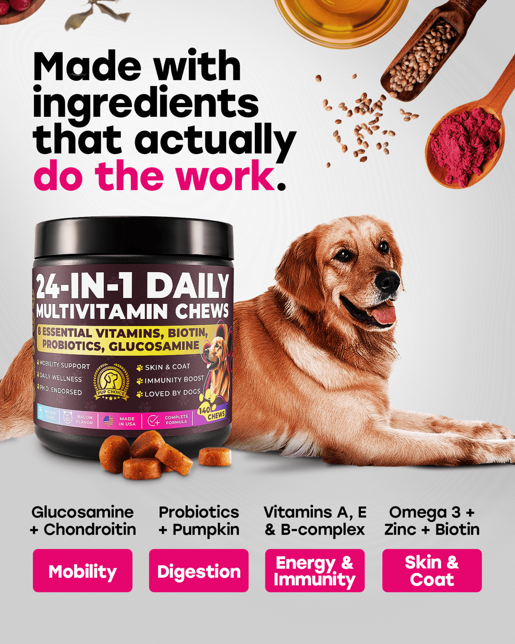 24 - in - 1 Daily Multivitamin Chews with 8 Essential Vitamins, Biotin, Probiotics & Glucosamine - Pup Choice - healthy choices for your pup