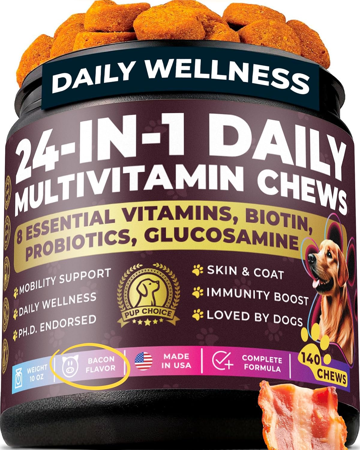24 - in - 1 Daily Multivitamin Chews with 8 Essential Vitamins, Biotin, Probiotics & Glucosamine - Pup Choice - healthy choices for your pup