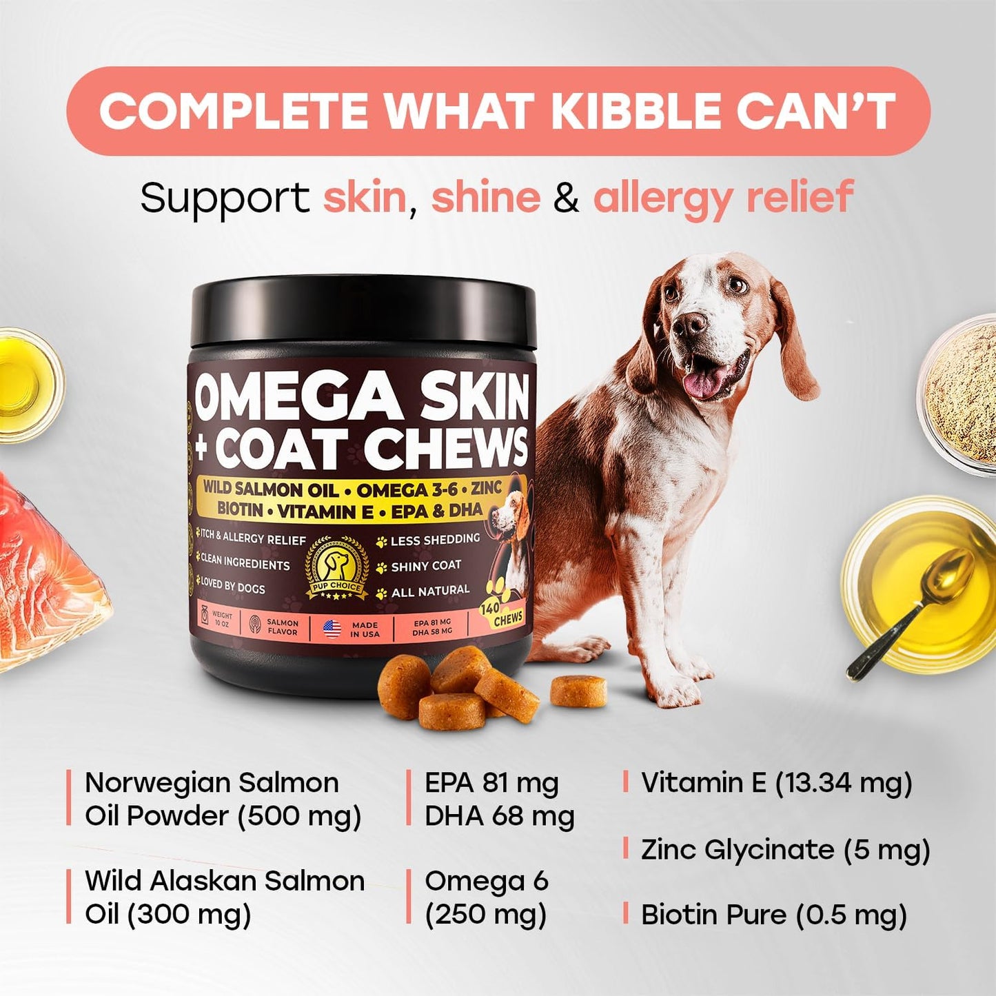 Omega 3 Skin & Coat Chews for Dogs – Wild Salmon Oil, Biotin, Zinc & Vitamin E – Supports Healthy Skin & Coat – 140 Count - Pup Choice - healthy choices for your pup