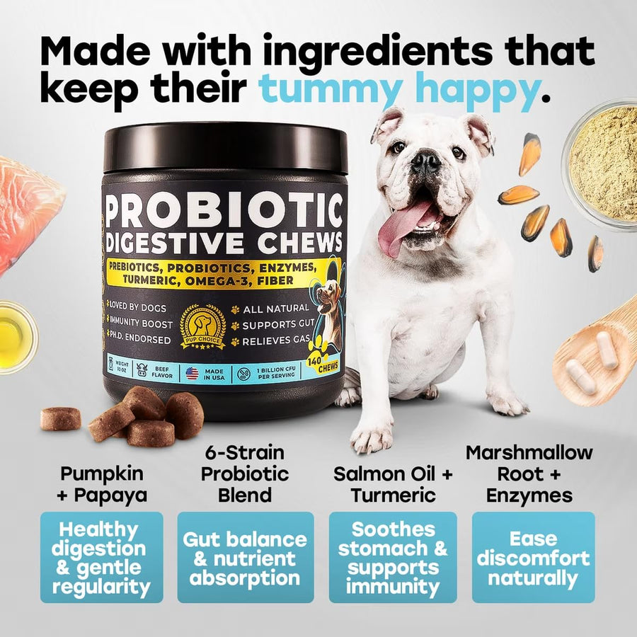 Probiotic Digestive Chews with Prebiotics, Enzymes, Turmeric, Omega-3, Fiber & More. - Pup Choice - healthy choices for your pup