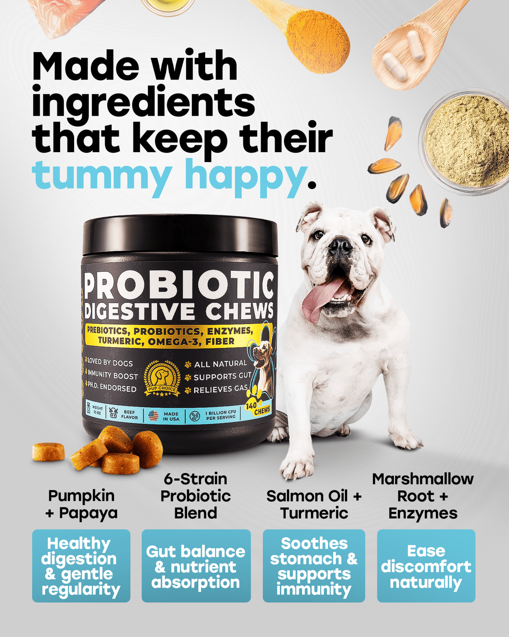 Probiotic Digestive Chews with Prebiotics, Enzymes, Turmeric, Omega - 3, Fiber & More. - Pup Choice - healthy choices for your pup