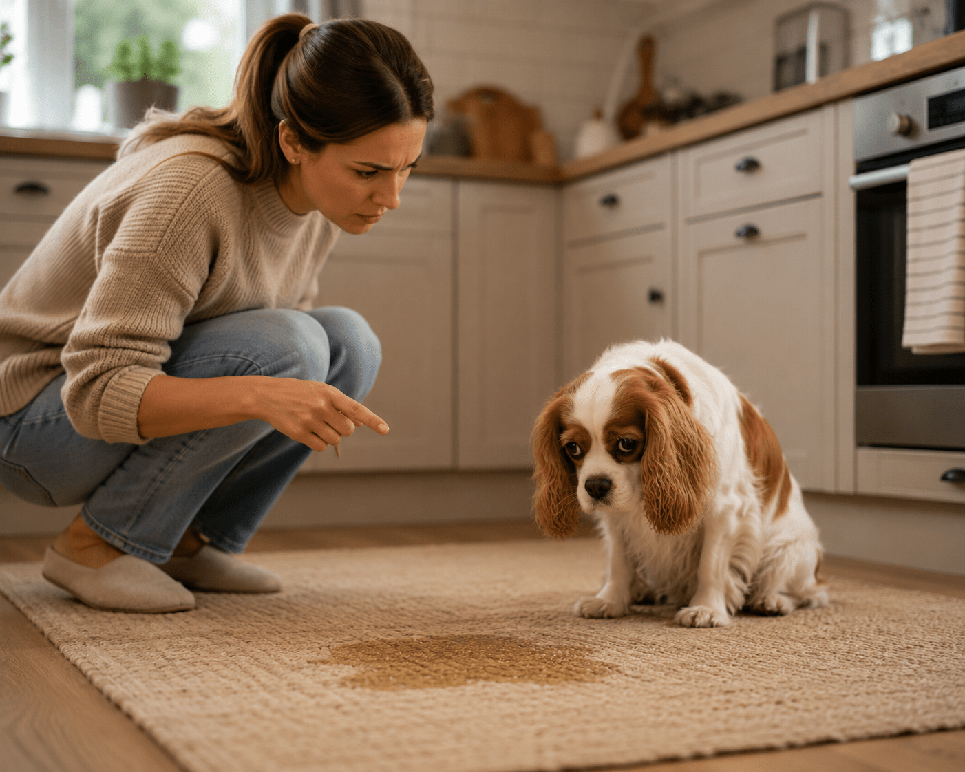 A dog waiting by the door needing frequent bathroom trips