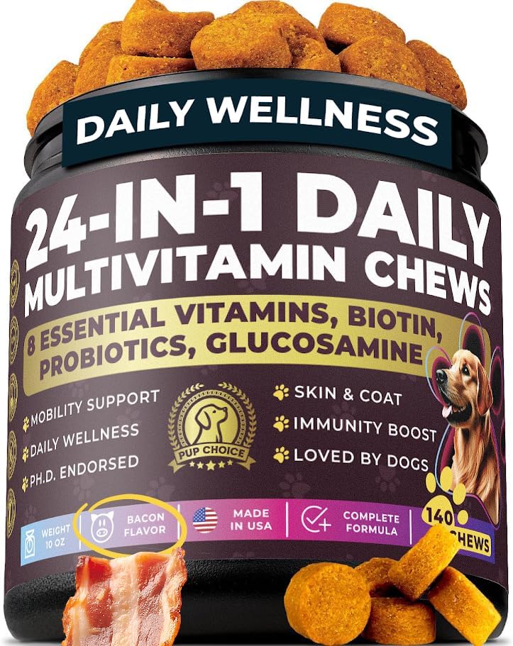 24 - in - 1 Daily Multivitamin Chews with 8 Essential Vitamins, Biotin, Probiotics & Glucosamine - Pup Choice - healthy choices for your pup