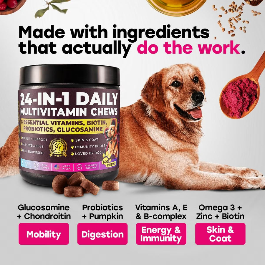 24-in-1 Daily Multivitamin Chews with 8 Essential Vitamins, Biotin, Probiotics & Glucosamine - Pup Choice - healthy choices for your pup