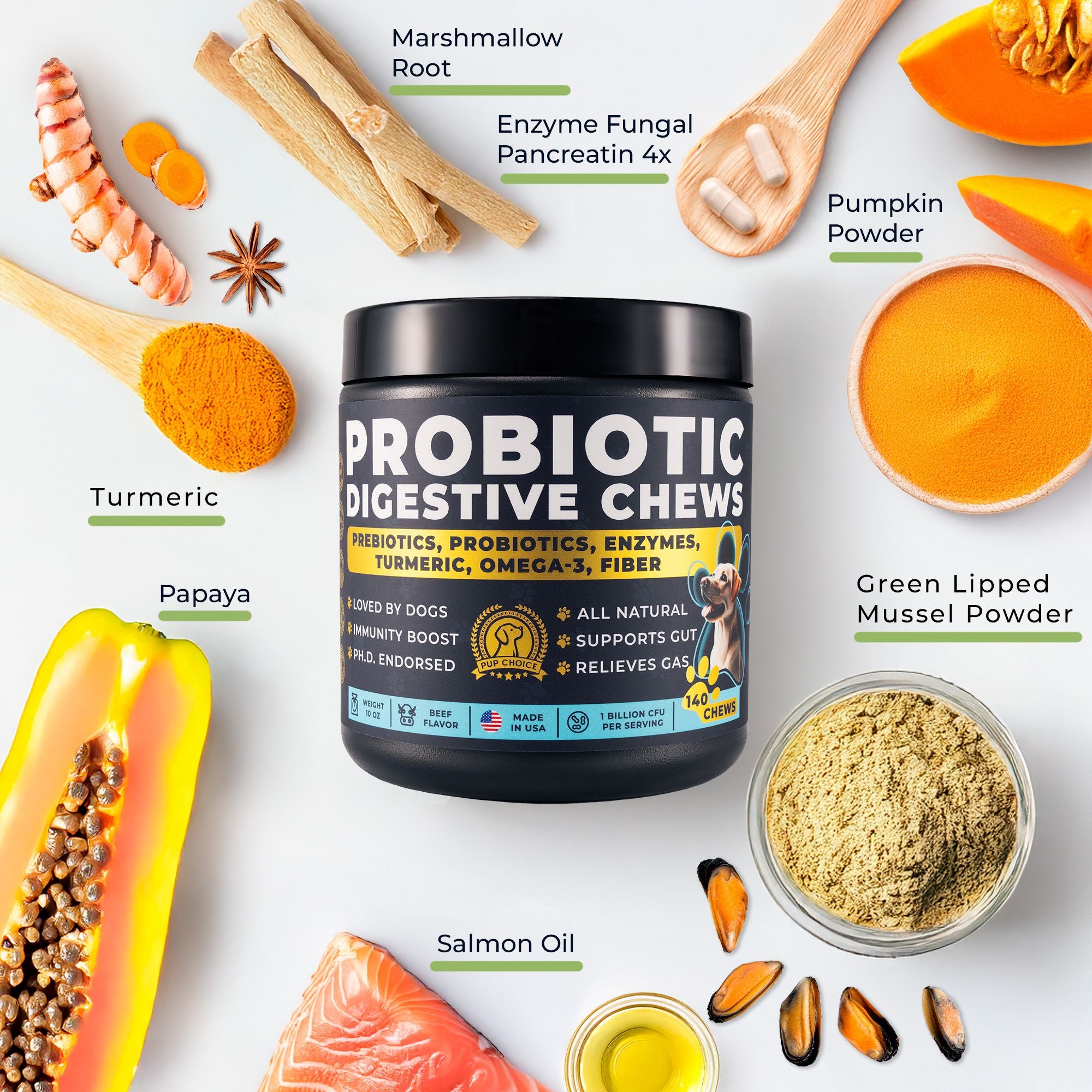 Probiotic Digestive Chews with Prebiotics, Enzymes, Turmeric, Omega-3, Fiber & More.