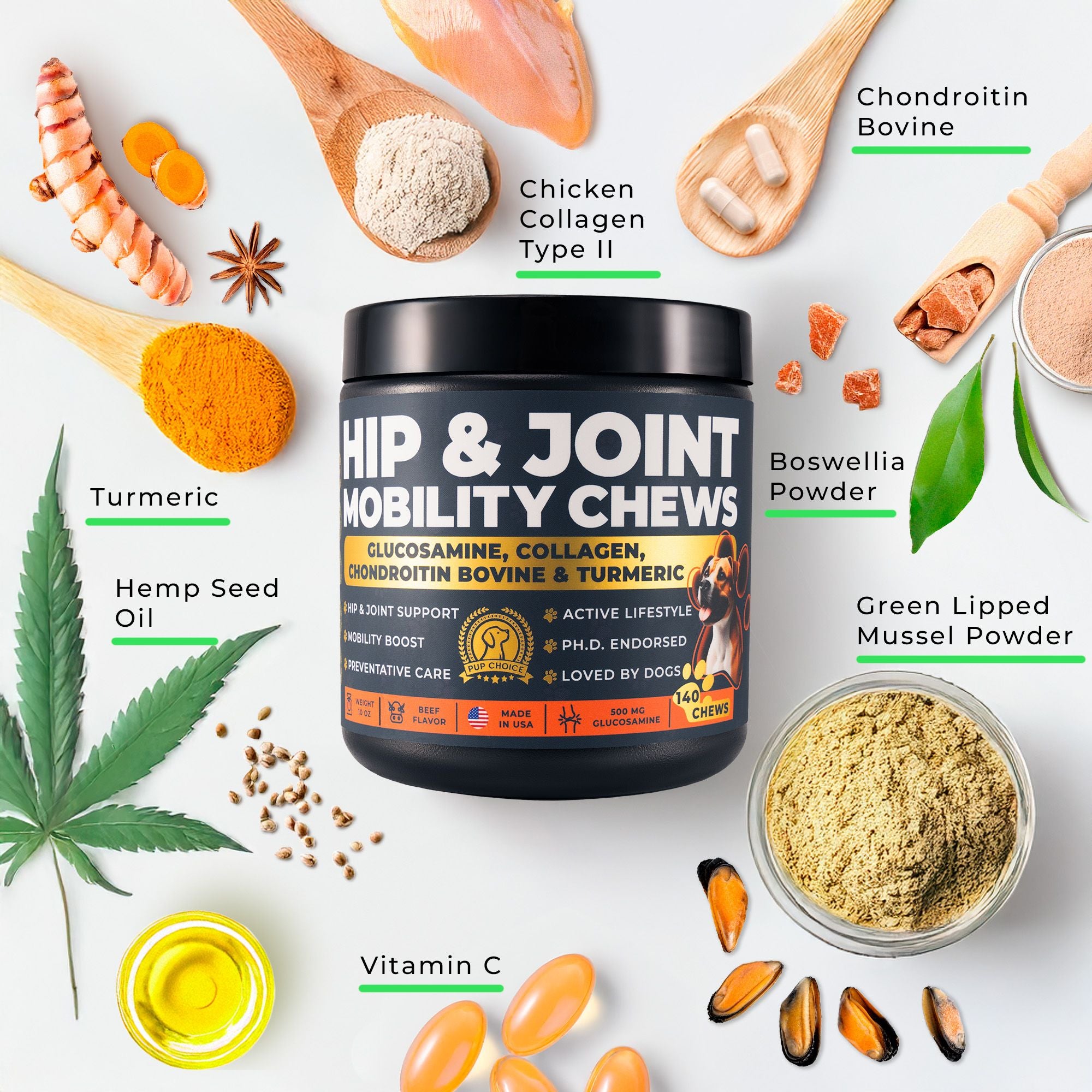 Hip & Joint Mobility Chews with 500 mg Glucosamine, , Collagen, Chondroitin Bovine, Turmeric & More