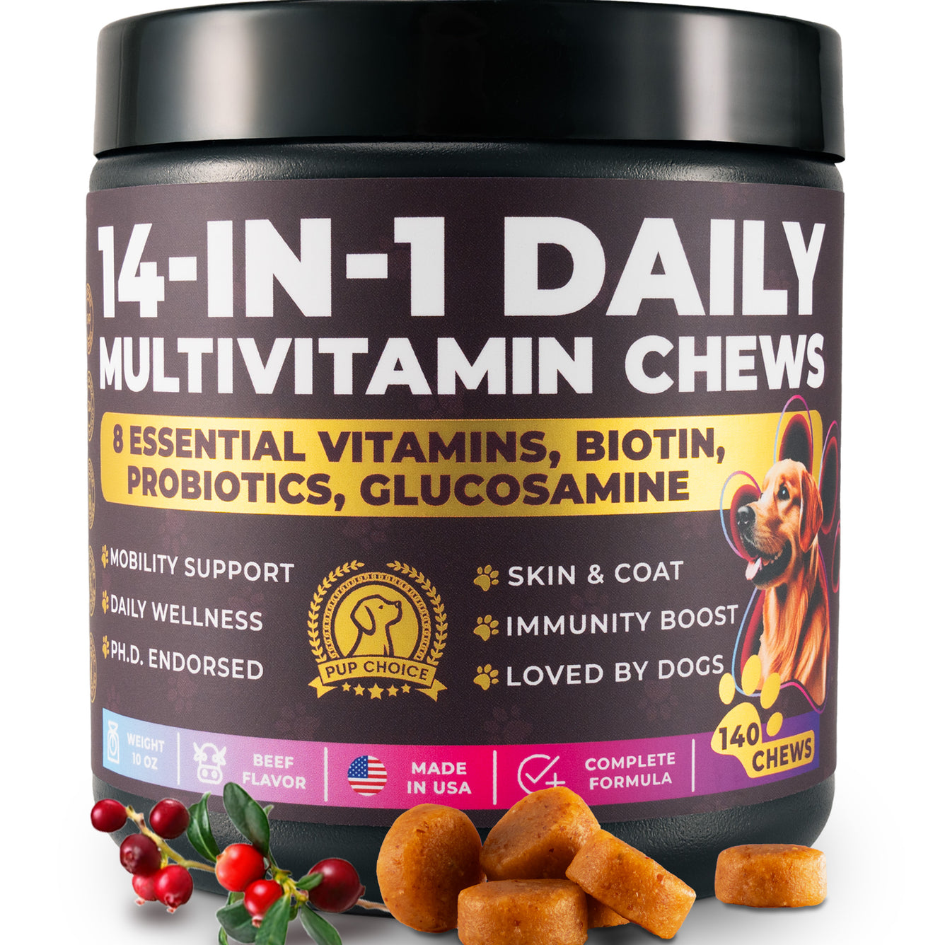 14-in-1 Daily Multivitamin Chews with 8 Essential Vitamins, Biotin, Probiotics & Glucosamine