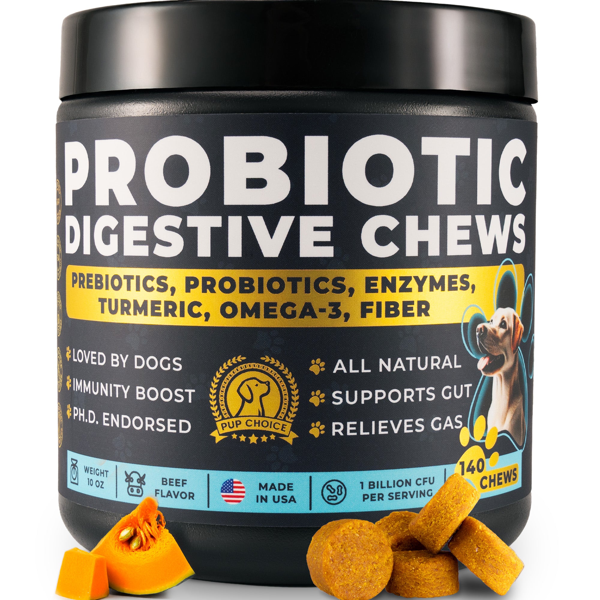 Probiotic Digestive Chews with Prebiotics, Enzymes, Turmeric, Omega-3, Fiber & More.