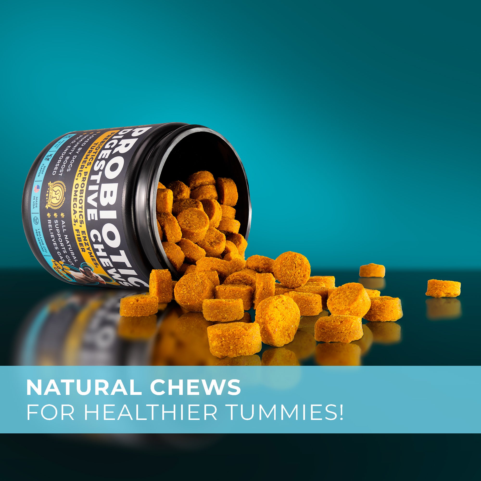 Probiotic Digestive Chews with Prebiotics, Enzymes, Turmeric, Omega-3, Fiber & More.