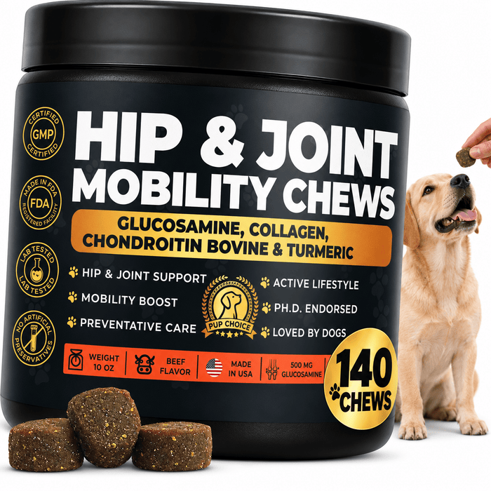 Hip & Joint Mobility Chews with 500 mg Glucosamine, Collagen, Chondroitin Bovine, Turmeric & More - Pup Choice - healthy choices for your pup