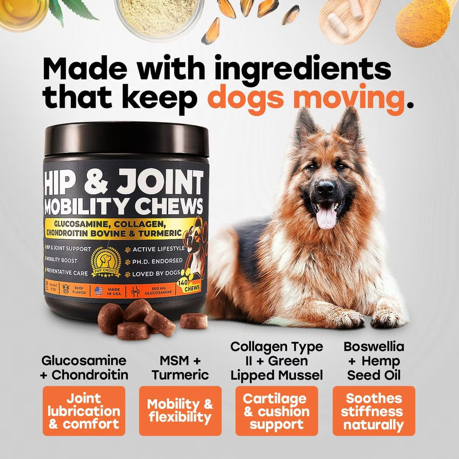 Hip & Joint Mobility Chews with 500 mg Glucosamine, Collagen, Chondroitin Bovine, Turmeric & More - Pup Choice - healthy choices for your pup