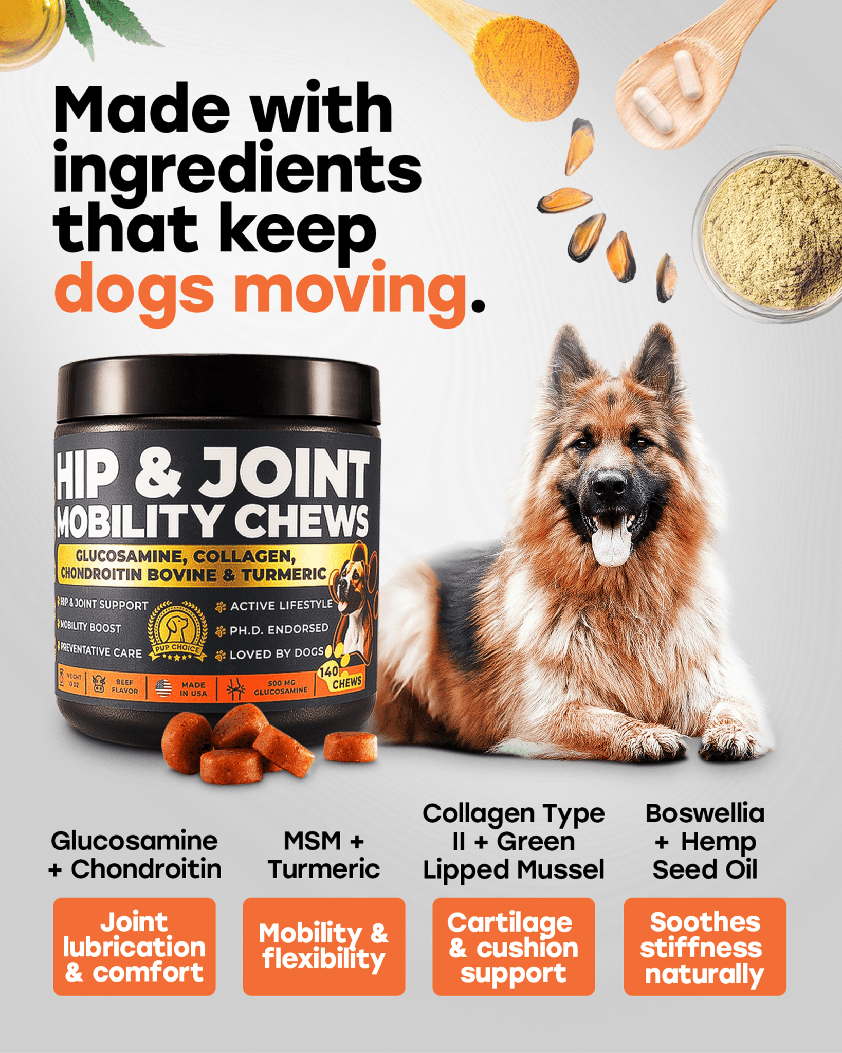 Hip & Joint Mobility Chews with 500 mg Glucosamine, , Collagen, Chondroitin Bovine, Turmeric & More - Pup Choice - healthy choices for your pup