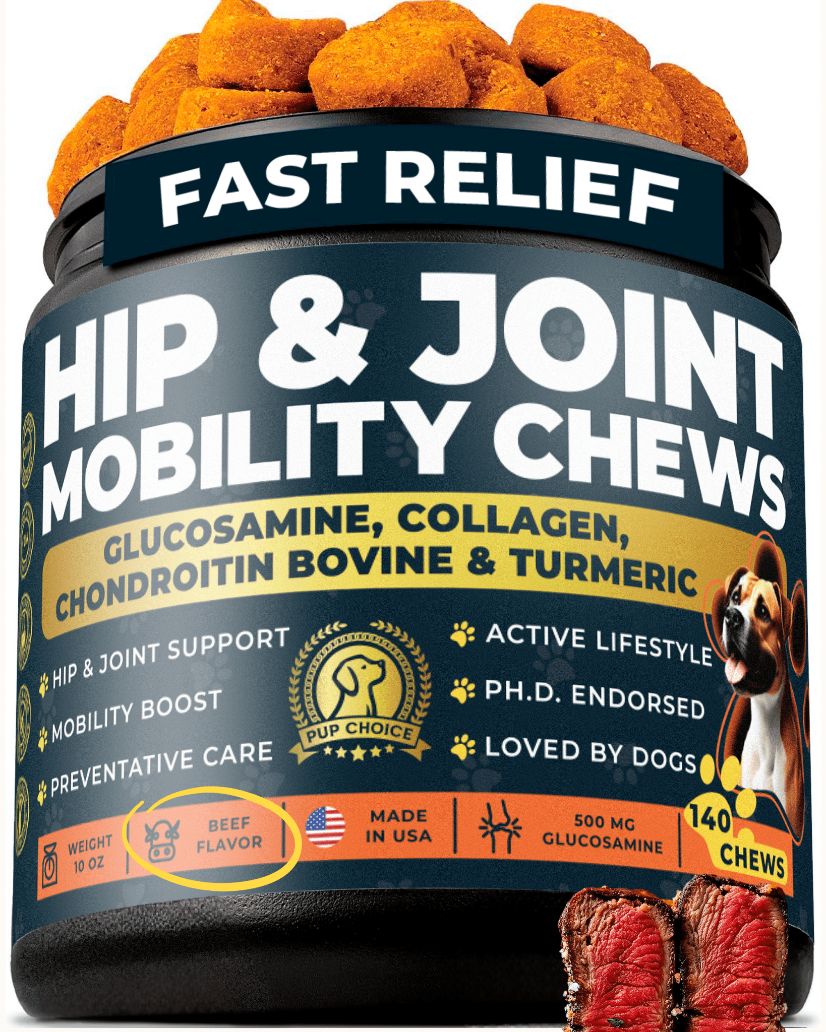 Hip & Joint Mobility Chews with 500 mg Glucosamine, , Collagen, Chondroitin Bovine, Turmeric & More - Pup Choice - healthy choices for your pup