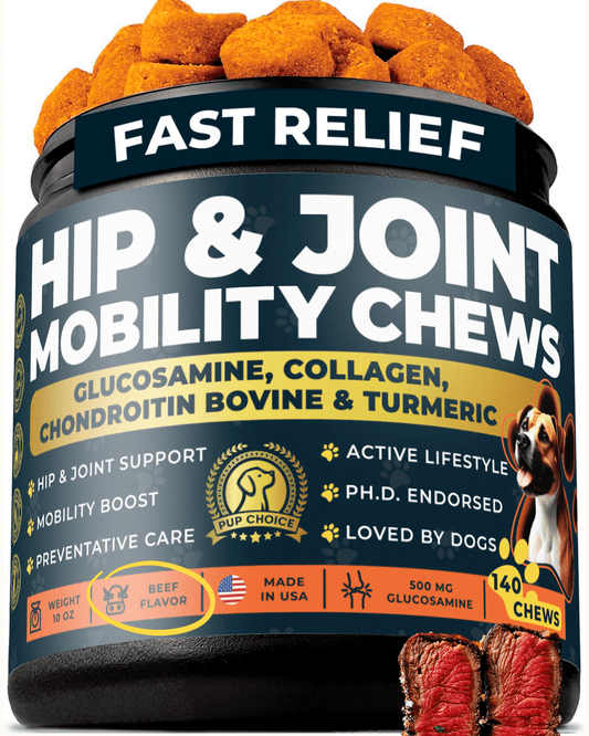 Hip & Joint Mobility Chews with 500 mg Glucosamine, , Collagen, Chondroitin Bovine, Turmeric & More - Pup Choice - healthy choices for your pup