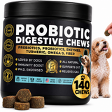 Pup Choice probiotic — 140 chews, jar with dog and feeding hand