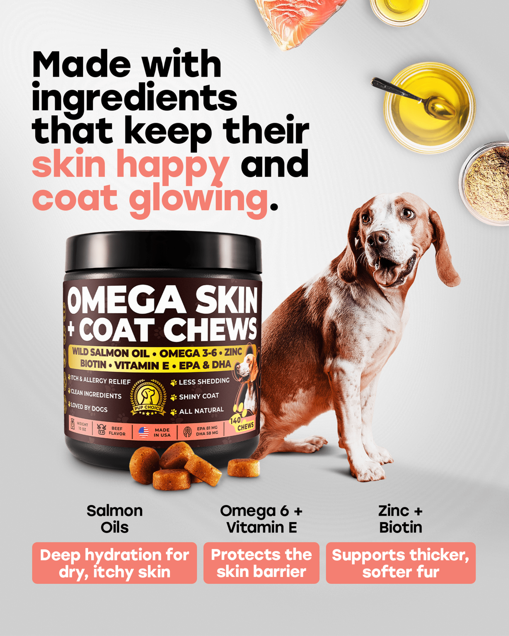 Omega 3 Skin & Coat Chews for Dogs – Wild Salmon Oil, Biotin, Zinc & Vitamin E – Supports Healthy Skin & Coat – 140 Count - Pup Choice - healthy choices for your pup