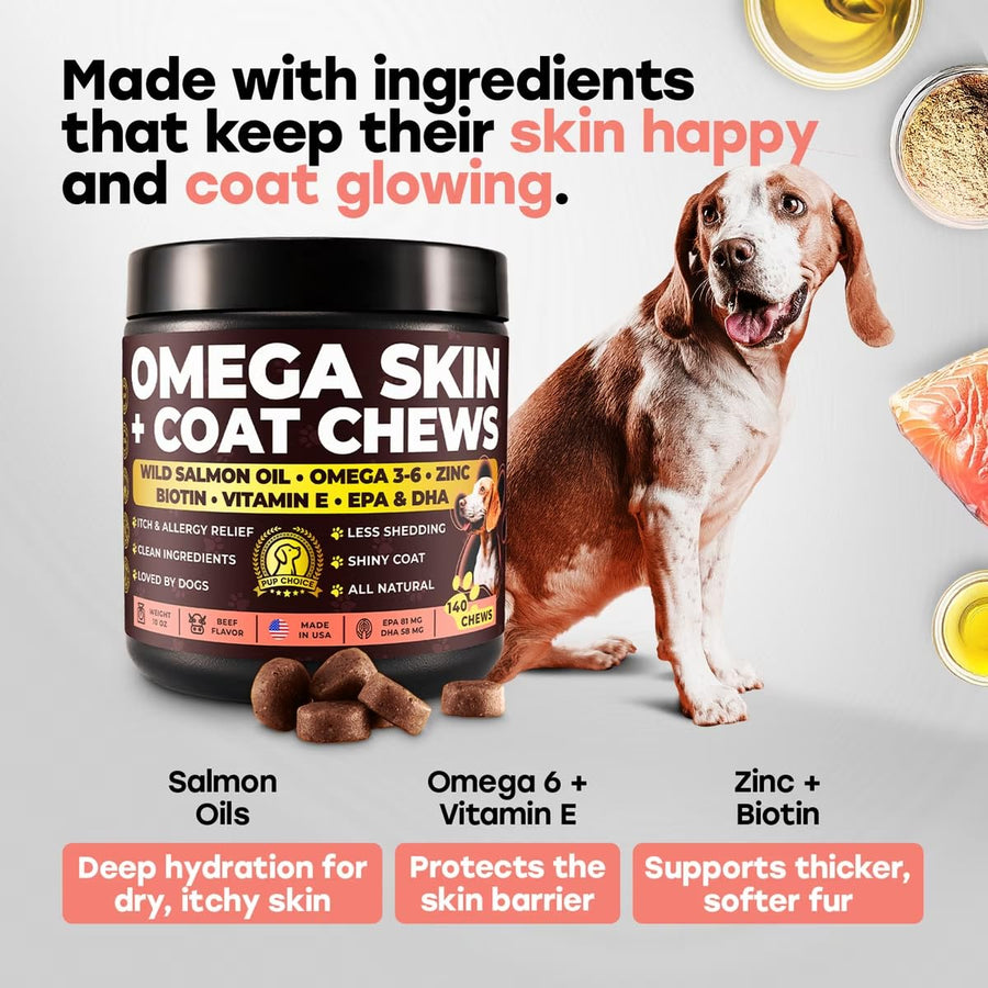 Omega 3 Skin & Coat Chews for Dogs – Wild Salmon Oil, Biotin, Zinc & Vitamin E – Supports Healthy Skin & Coat – 140 Count - Pup Choice - healthy choices for your pup