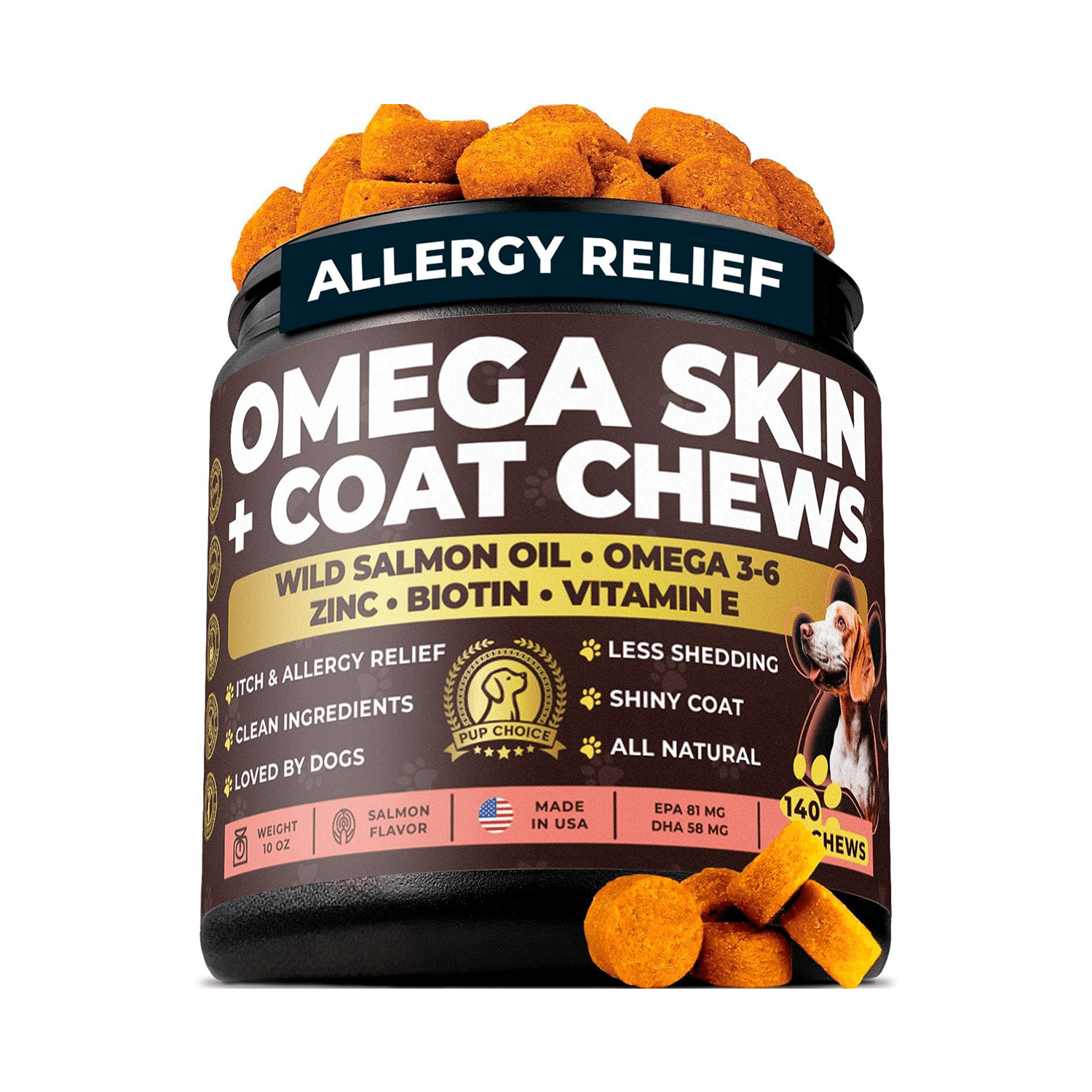 Omega 3 Skin & Coat Chews for Dogs – Wild Salmon Oil, Biotin, Zinc & Vitamin E – Supports Healthy Skin & Coat – 140 Count - Pup Choice - healthy choices for your pup