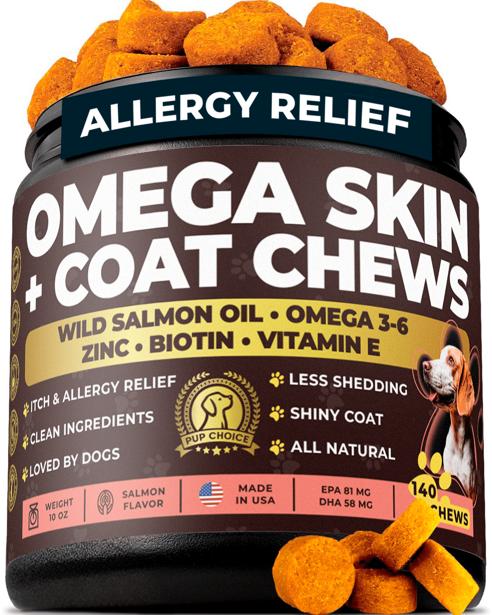 Omega 3 Skin & Coat Chews for Dogs – Wild Salmon Oil, Biotin, Zinc & Vitamin E – Supports Healthy Skin & Coat – 140 Count - Pup Choice - healthy choices for your pup