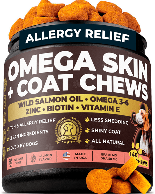 Omega 3 Skin & Coat Chews for Dogs – Wild Salmon Oil, Biotin, Zinc & Vitamin E – Supports Healthy Skin & Coat – 140 Count - Pup Choice - healthy choices for your pup