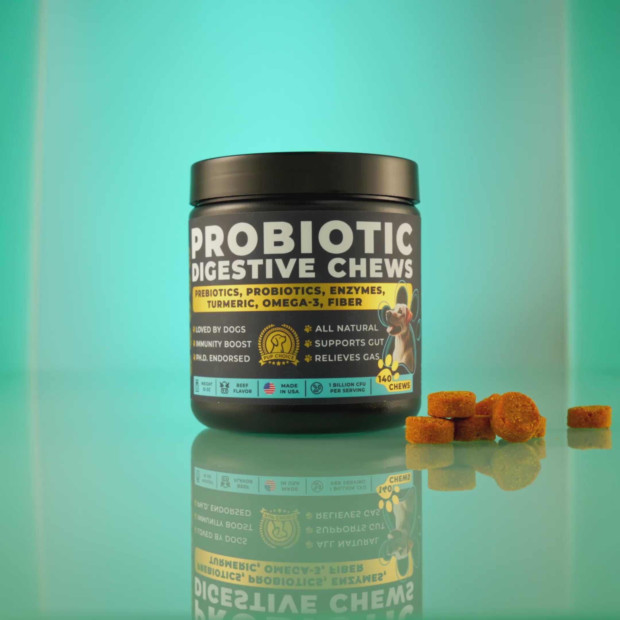 Probiotic Digestive Chews with Prebiotics, Enzymes, Turmeric, Omega-3, Fiber & More.