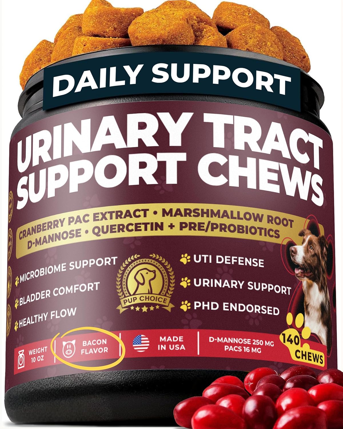 Pup Choice Cranberry Urinary Support Dog Chews – Cranberry + D - Mannose, Marshmallow Root & Probiotics – Bladder & Urinary Tract Support – 140 Chews – Made in USA - Pup Choice - healthy choices for your pup