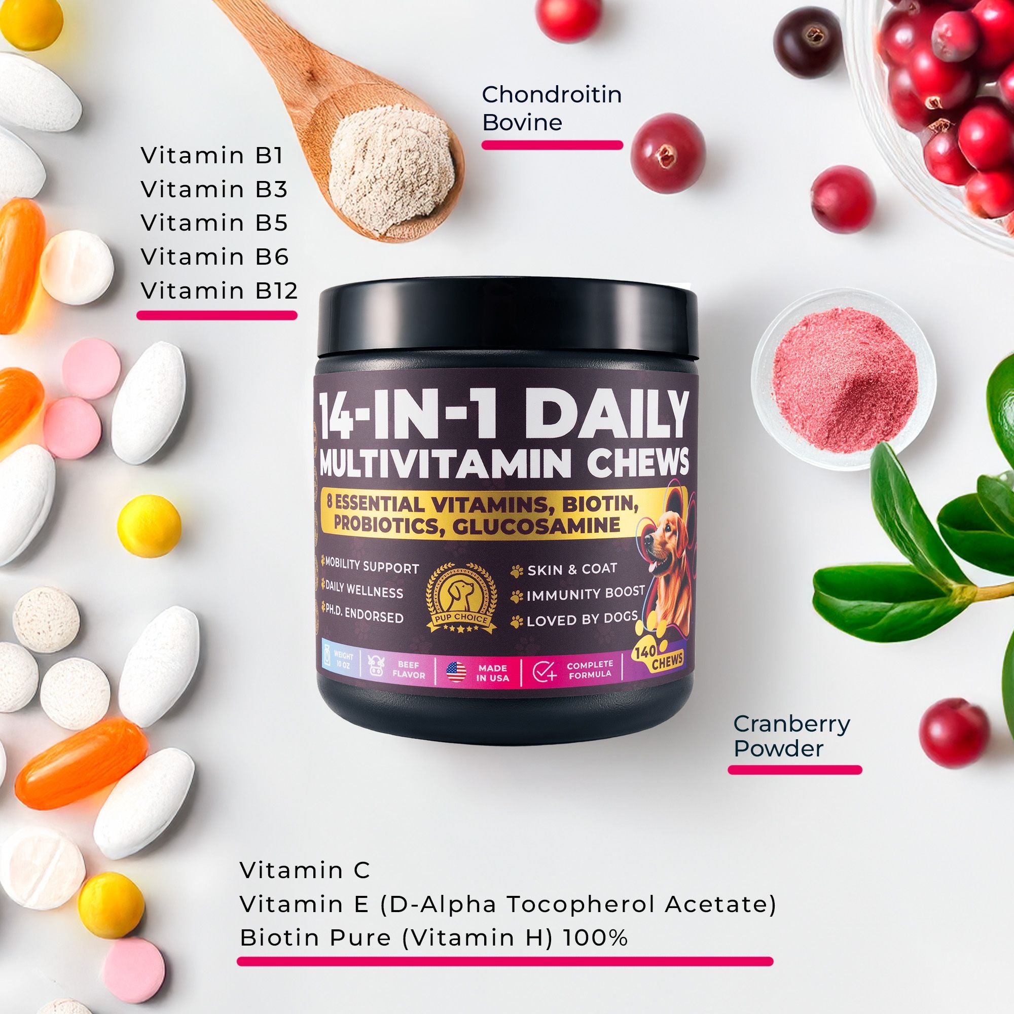 14-in-1 Daily Multivitamin Chews with 8 Essential Vitamins, Biotin, Probiotics & Glucosamine