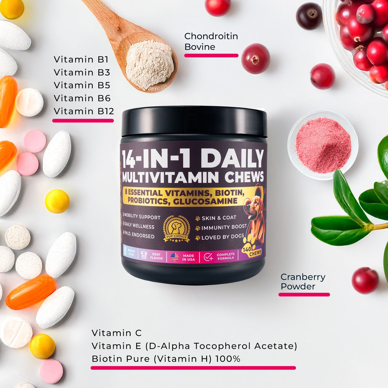 14-in-1 Daily Multivitamin Chews with 8 Essential Vitamins, Biotin, Probiotics & Glucosamine