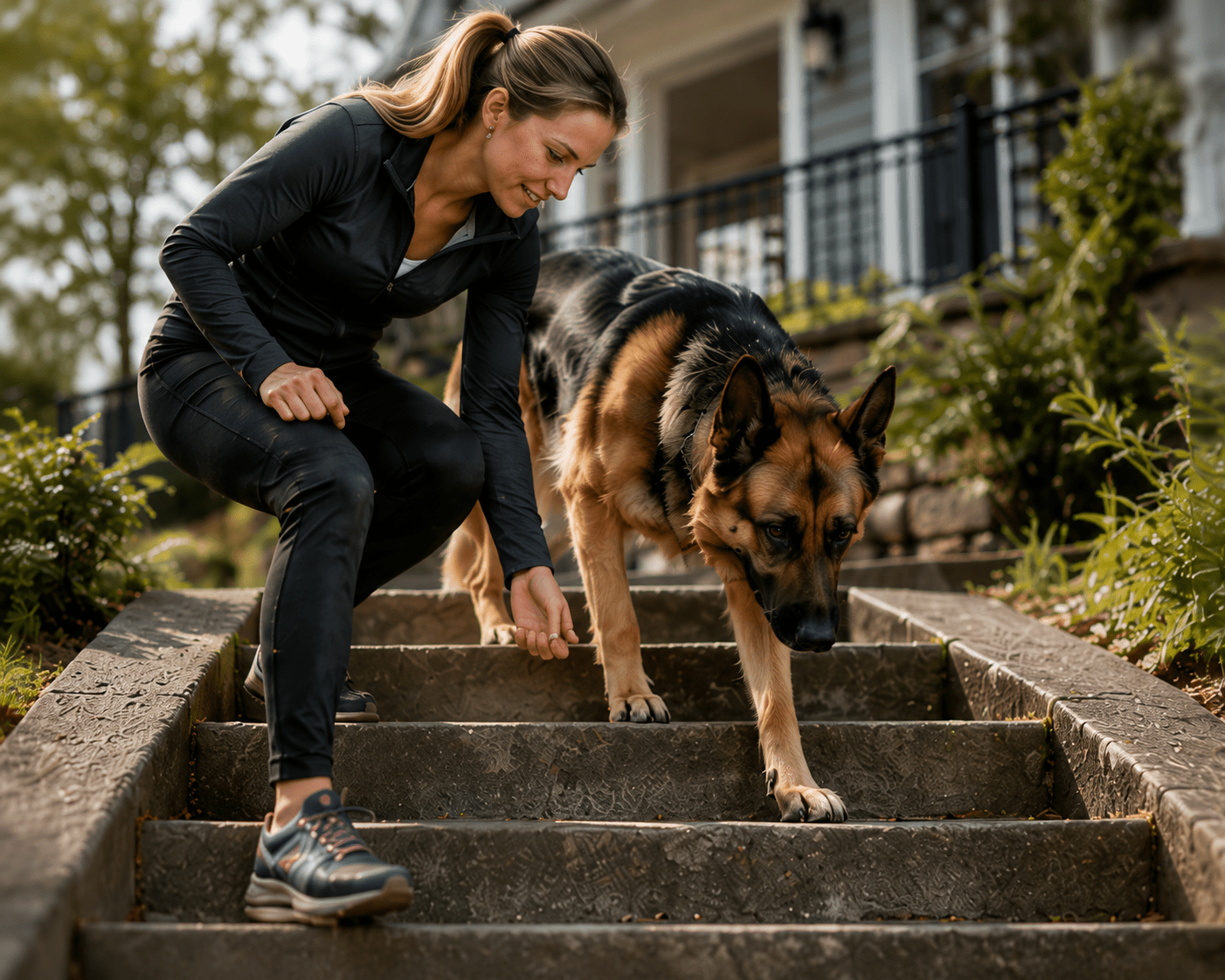 A senior dog resting, hesitant about stairs
