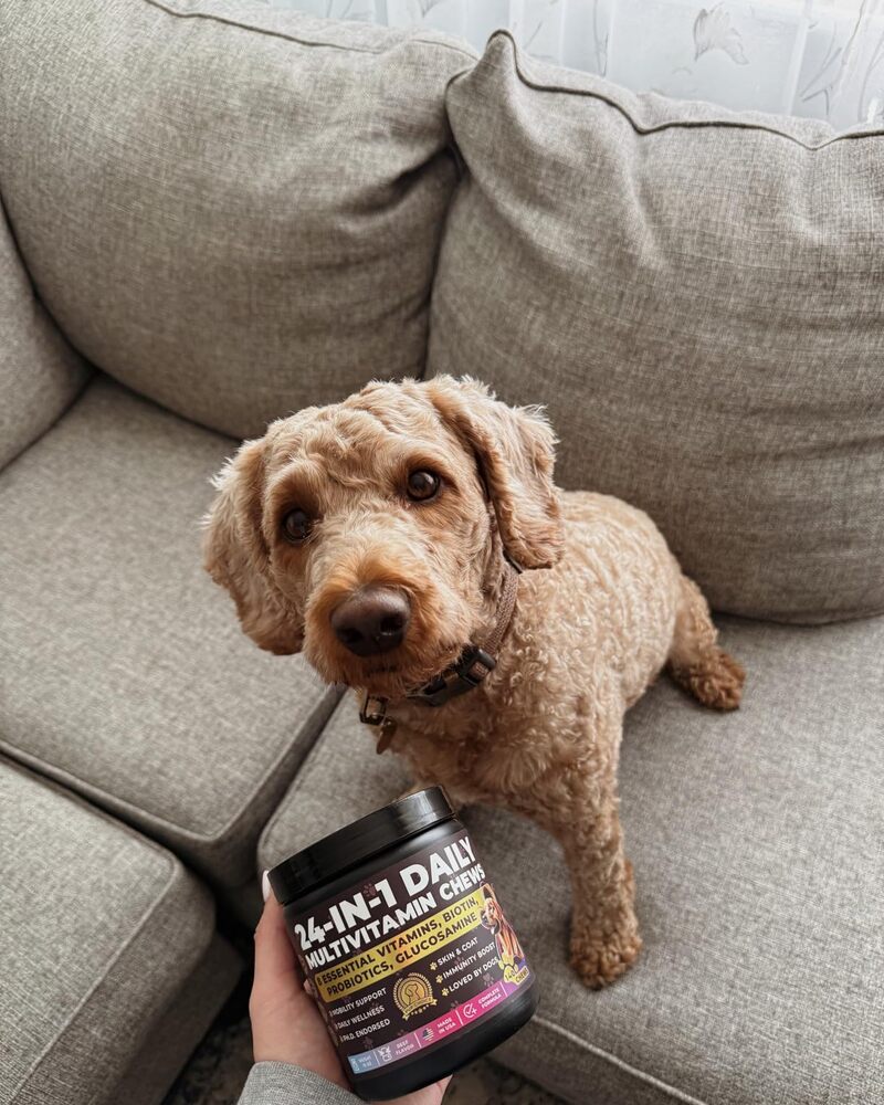 Real customer and her dog with Pup Choice 24-in-1 Multivitamin Chews